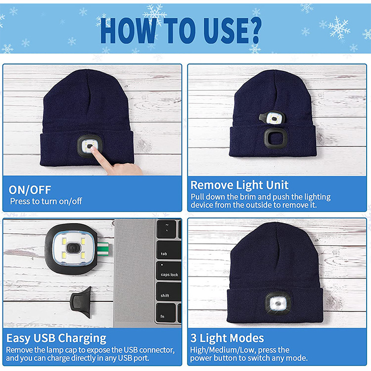 Rechargeable Winter Warm Knit Lighted Cuffed Headlight Headlamp Cap Unisex Winter LED Beanie Hat with Light