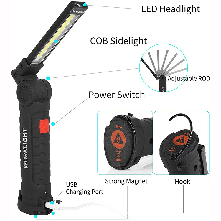 Mechanic Light with Magnetic Base and Hanging Hook 360 Degree Rotate 5 Light Modes COB LED Rechargeable Flashlights