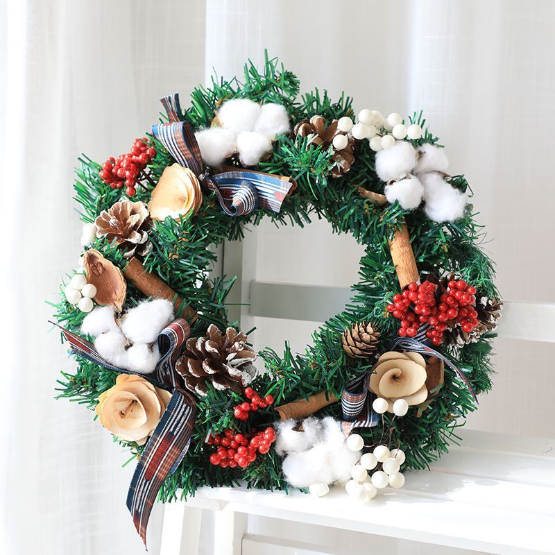 Artificial Christmas Wreath with Pine Cone Red Berries Burlap Ribbon Snowflake for Indoor Outdoor Wall decoration