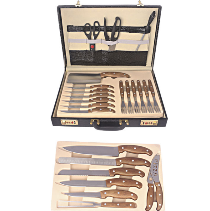 Hot Sale 24pcs Stainless Steel PP Handle Camping Outdoor Kitchen Knife Set In  leather suitcase