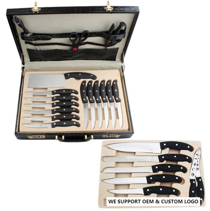 Hot Sale 24pcs Stainless Steel PP Handle Camping Outdoor Kitchen Knife Set In  leather suitcase