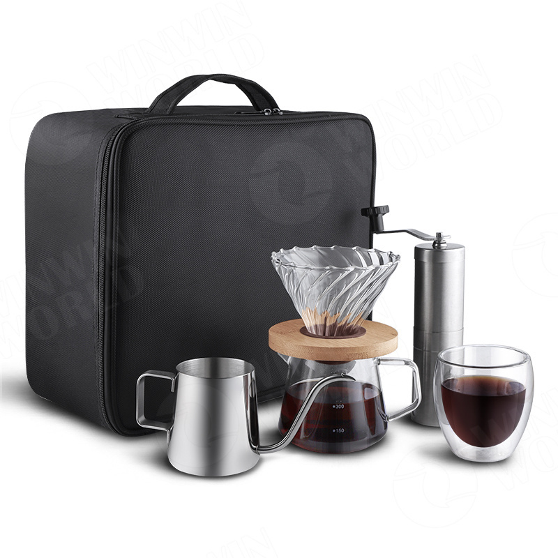 2023 Outdoor Modern Manual Drip Travel Bag Gift Box Packaging Grinder Pot Kettle Pour Over Coffee Maker Set