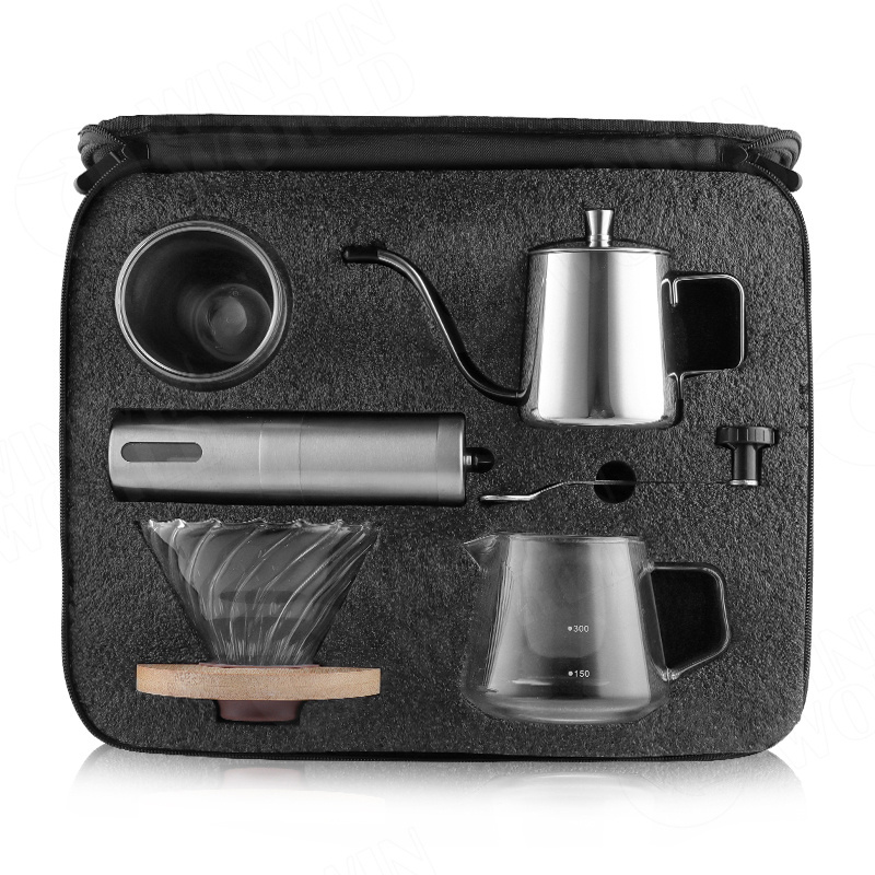 2023 Outdoor Modern Manual Drip Travel Bag Gift Box Packaging Grinder Pot Kettle Pour Over Coffee Maker Set