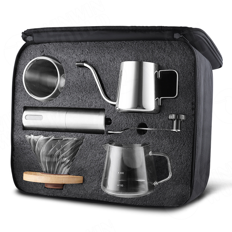 2023 Outdoor Modern Manual Drip Travel Bag Gift Box Packaging Grinder Pot Kettle Pour Over Coffee Maker Set