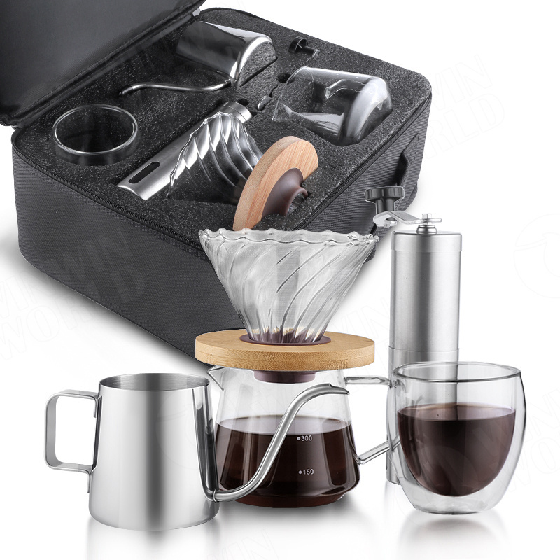 2023 Outdoor Modern Manual Drip Travel Bag Gift Box Packaging Grinder Pot Kettle Pour Over Coffee Maker Set