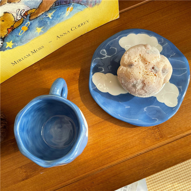 INS Handmade Blue Sky White Clouds Hand Painted Coffee Cup and Saucer Set Ceramic Mug