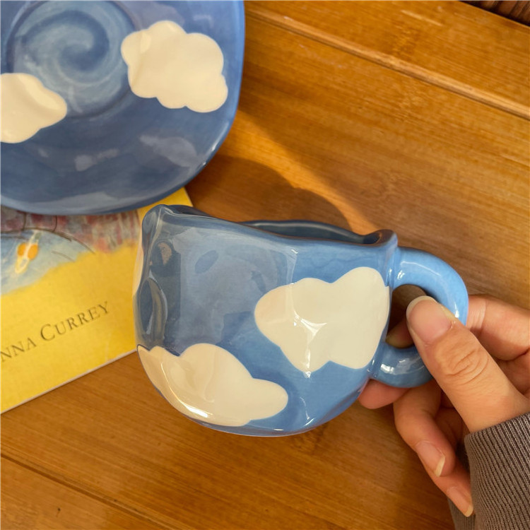 INS Handmade Blue Sky White Clouds Hand Painted Coffee Cup and Saucer Set Ceramic Mug