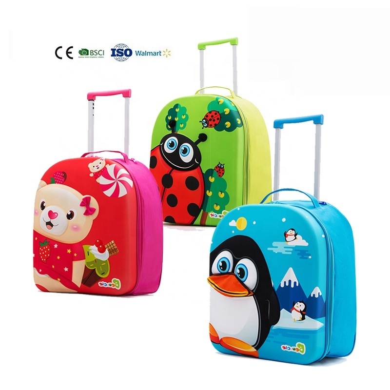 Hot sale 15 inch custom colors EVA waterproof cute cartoon design kids travel luggage trolley bags for children