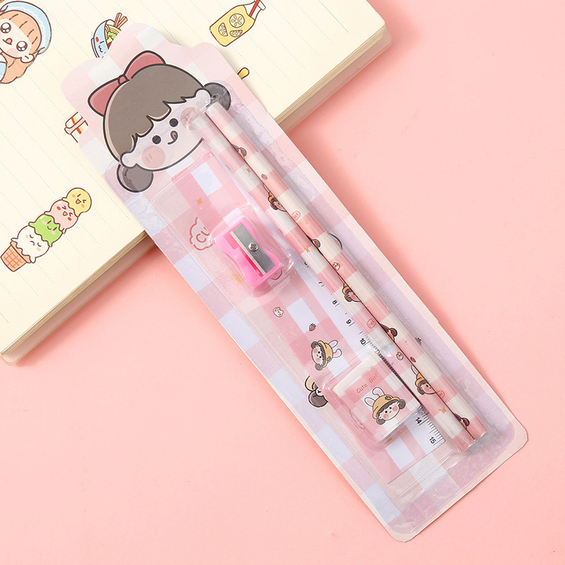 Korean Kawaii Children Stationery Items,Ruler 2 Pencils Sharpener Eraser Gift Kids Stationery Set For Children Gift