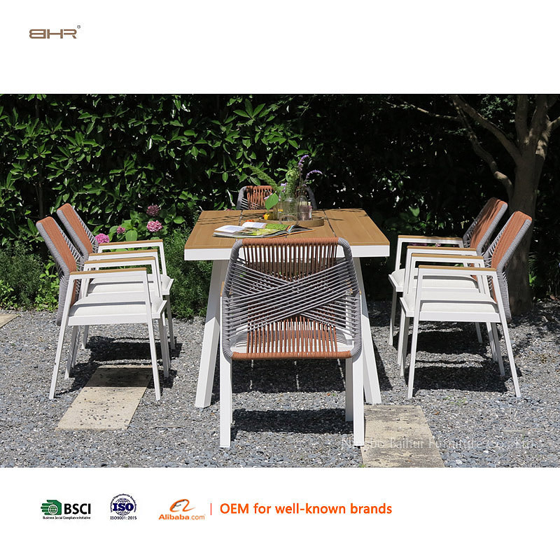 BHR Luxury Rope Woven Outdoor Furniture Aluminum Frame Dining Table and Chairs Set Outdoor Dining Set