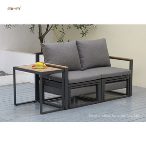 BHR 2 Seater Outdoor Furniture Aluminum Frame Balcony Set Plastic Wood Garden Lounge Sofa Set