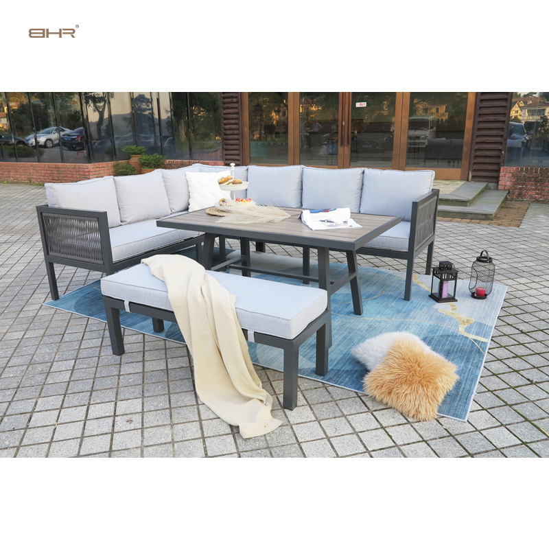 BHR Modern Aluminum Furniture Patio Set Rope Garden Furniture Corner Sofa Outdoor Sectional Sofa Set with Dining Table