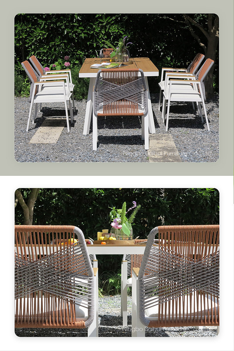 BHR Luxury Rope Woven Outdoor Furniture Aluminum Frame Dining Table and Chairs Set Outdoor Dining Set