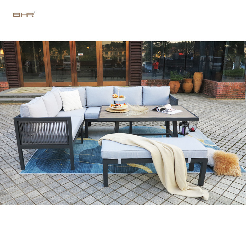 BHR Modern Aluminum Furniture Patio Set Rope Garden Furniture Corner Sofa Outdoor Sectional Sofa Set with Dining Table