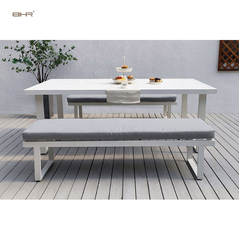 BHR Modern Aluminum Garden Furniture Patio Bench Set Outdoor Dining Bench Chairs with Dining Table