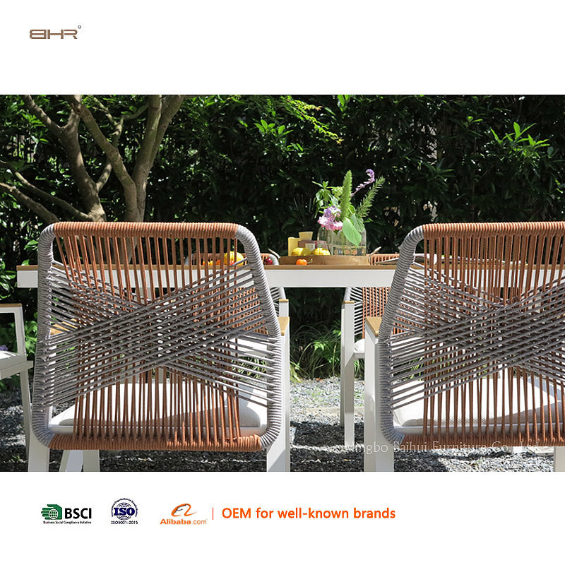 BHR Luxury Rope Woven Outdoor Furniture Aluminum Frame Dining Table and Chairs Set Outdoor Dining Set