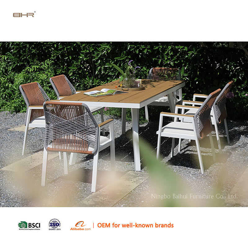 BHR Luxury Rope Woven Outdoor Furniture Aluminum Frame Dining Table and Chairs Set Outdoor Dining Set