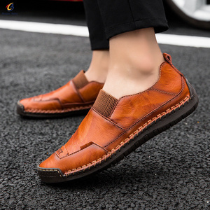 High quality round toe flat shoes national wind shallow cow leather shoes with elastic band mens casual sneakers slip on