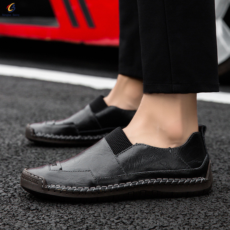 High quality round toe flat shoes national wind shallow cow leather shoes with elastic band mens casual sneakers slip on