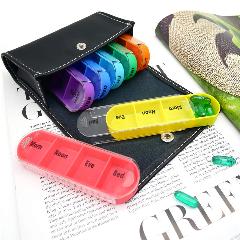 NB-Bluesky Custom Logo Travel Pill Organizer 28 Compartments 7 Day Weekly Medication Wallet AM PM Night pu Leather Bag Pill Box