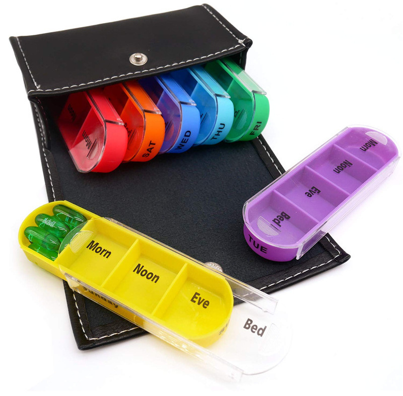 NB-Bluesky Custom Logo Travel Pill Organizer 28 Compartments 7 Day Weekly Medication Wallet AM PM Night pu Leather Bag Pill Box