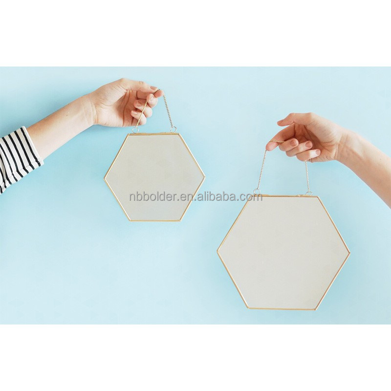 Factory directly decorative bathroom hexagon metal frame wall hanging mirror with rope for home decoration