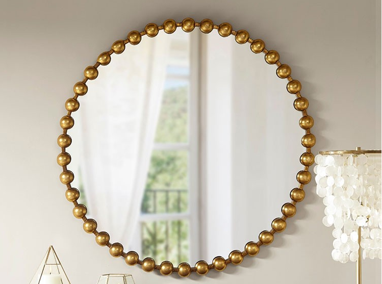 Modern wholesale decorative metal frame gold round mirror with beads decor