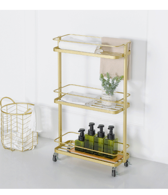 Modern Metal Gold 3 Tiers Storage Table Trolley Cart Shelves with Casters  with 2 Brakes