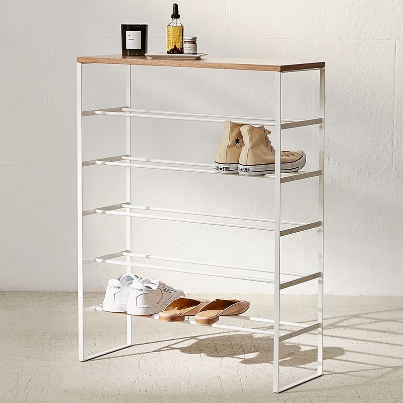 Modern design black metal wooden 3-tiers shoe rack shoe bench for entryway closet storage display