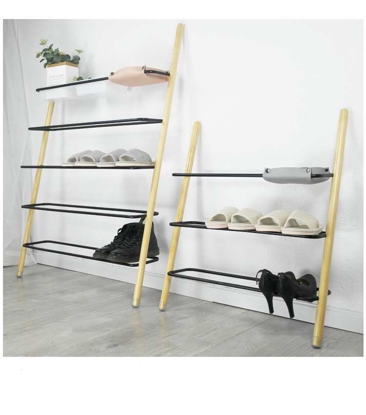 Industrial Metal Wood Wall Leaning 3-Tier DIY Storage Shoe Rack For Living Room Bathroom, Balcony Kitchen