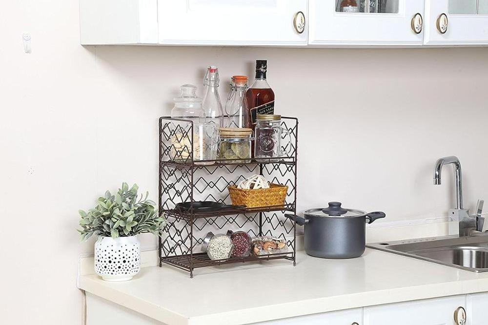 Black Wall Mountable 3 Tier Wire Metal Kitchen Spice Rack Countertop Storage Shelves With KD Design