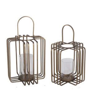 Industrial Vintage Gold Metal Cage Pillar Candle Holder with Removable Glass Lantern