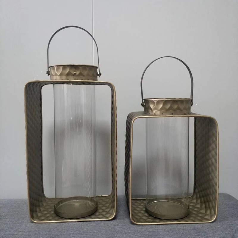 Industrial Vintage Gold Metal Cage Pillar Candle Holder with Removable Glass Lantern