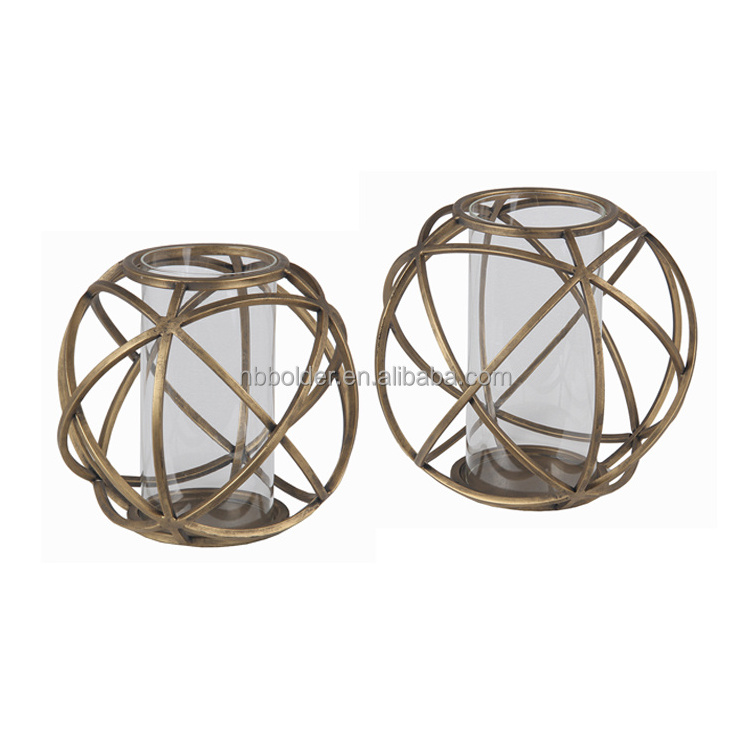 Factory directly high quality decorative ball shape set of 2 bronze metal candle holder vase made in China