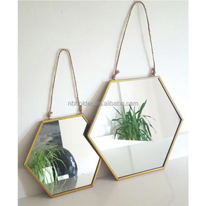 Factory directly decorative bathroom hexagon metal frame wall hanging mirror with rope for home decoration