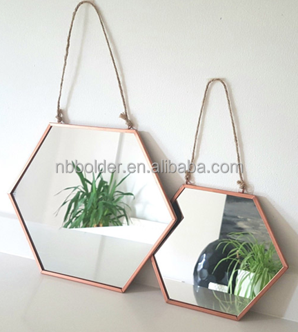 Factory directly decorative bathroom hexagon metal frame wall hanging mirror with rope for home decoration