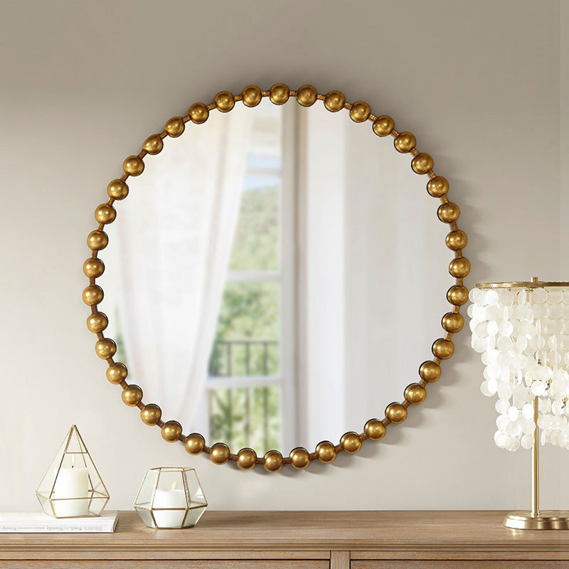 Modern wholesale decorative metal frame gold round mirror with beads decor