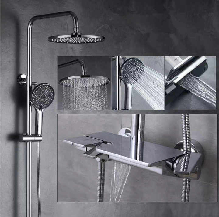 Wall Mounted Shower Faucet Set Hot and Cold Copper Wall-mounted Bathroom Black  Rainfall Spout Round Head three-way functional