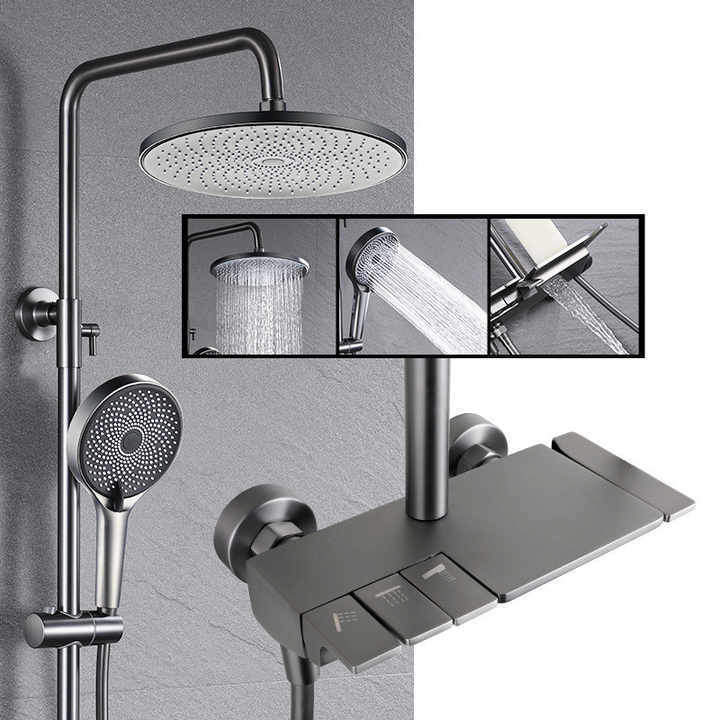 Wall Mounted Shower Faucet Set Hot and Cold Copper Wall-mounted Bathroom Black  Rainfall Spout Round Head three-way functional