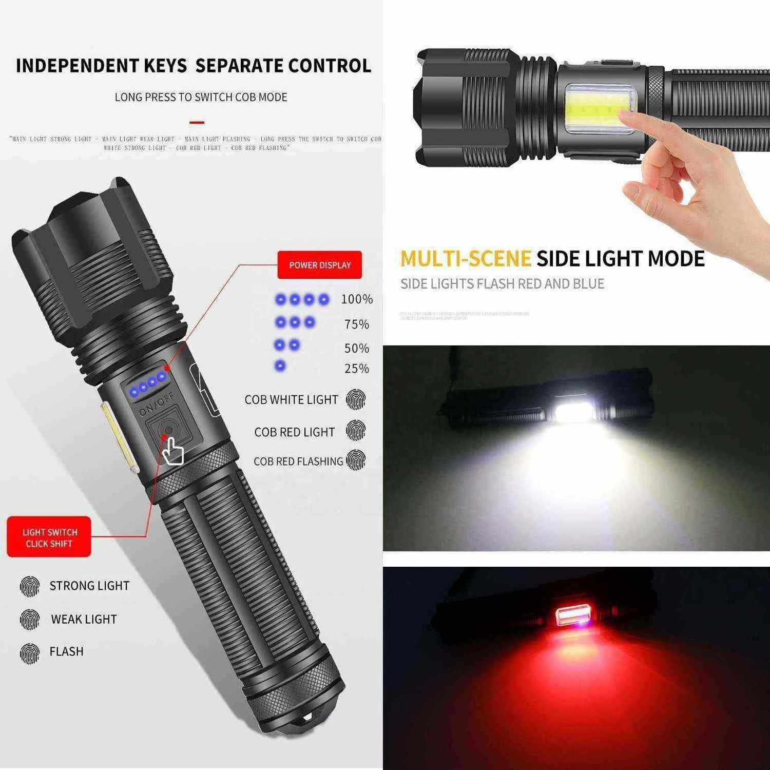 High lumen ZOOM Super Bright LED Strong Torch Light linterna USB Rechargeable Long Range Tactical XHP50 COB LED Flashlight