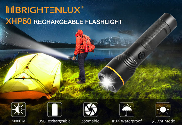 Brightenlux 2000 Lumen Zoomable Camping Waterproof USB Rechargeable High Power LED Flashlight