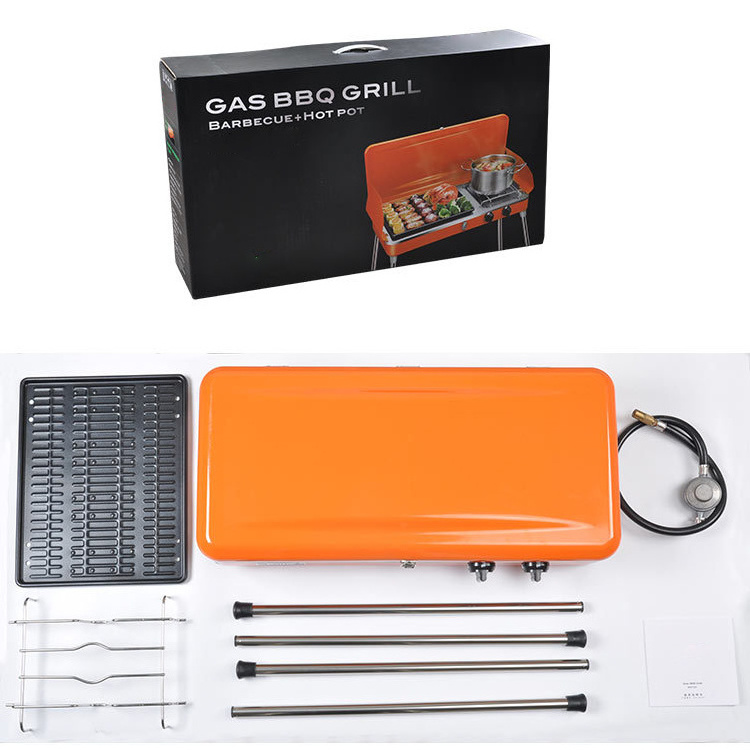 Gas 2 Burner Gas Barbecue Grill Cooking Equipment Camping Bbq for Sale Stainless Steel Portable Foldable Natural Outdoor Orange