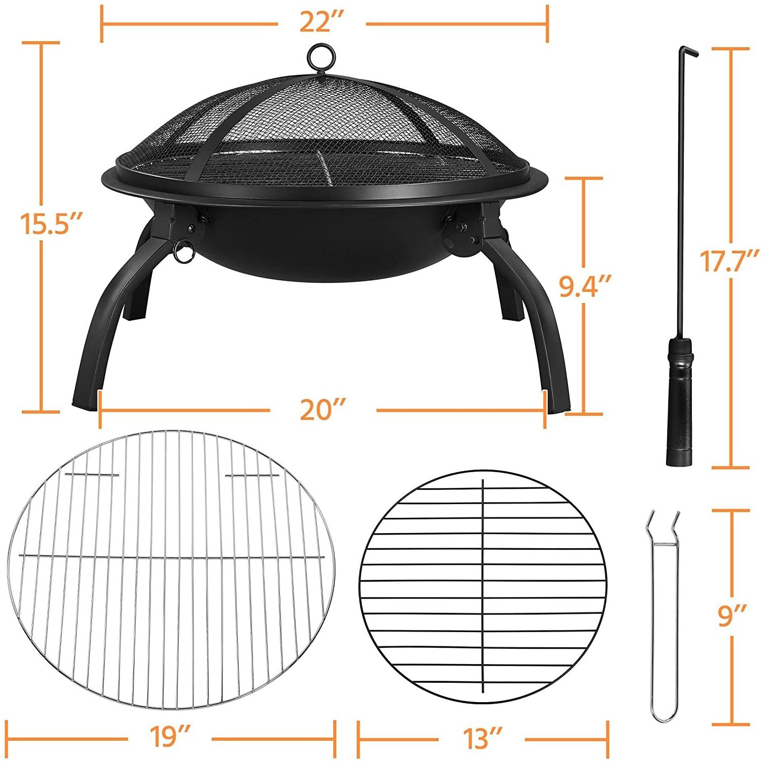 Outside foldable 4 legs 3 in 1 wood burning and Chacoal Fire Bowl Fire Pit for Outdoor Garden