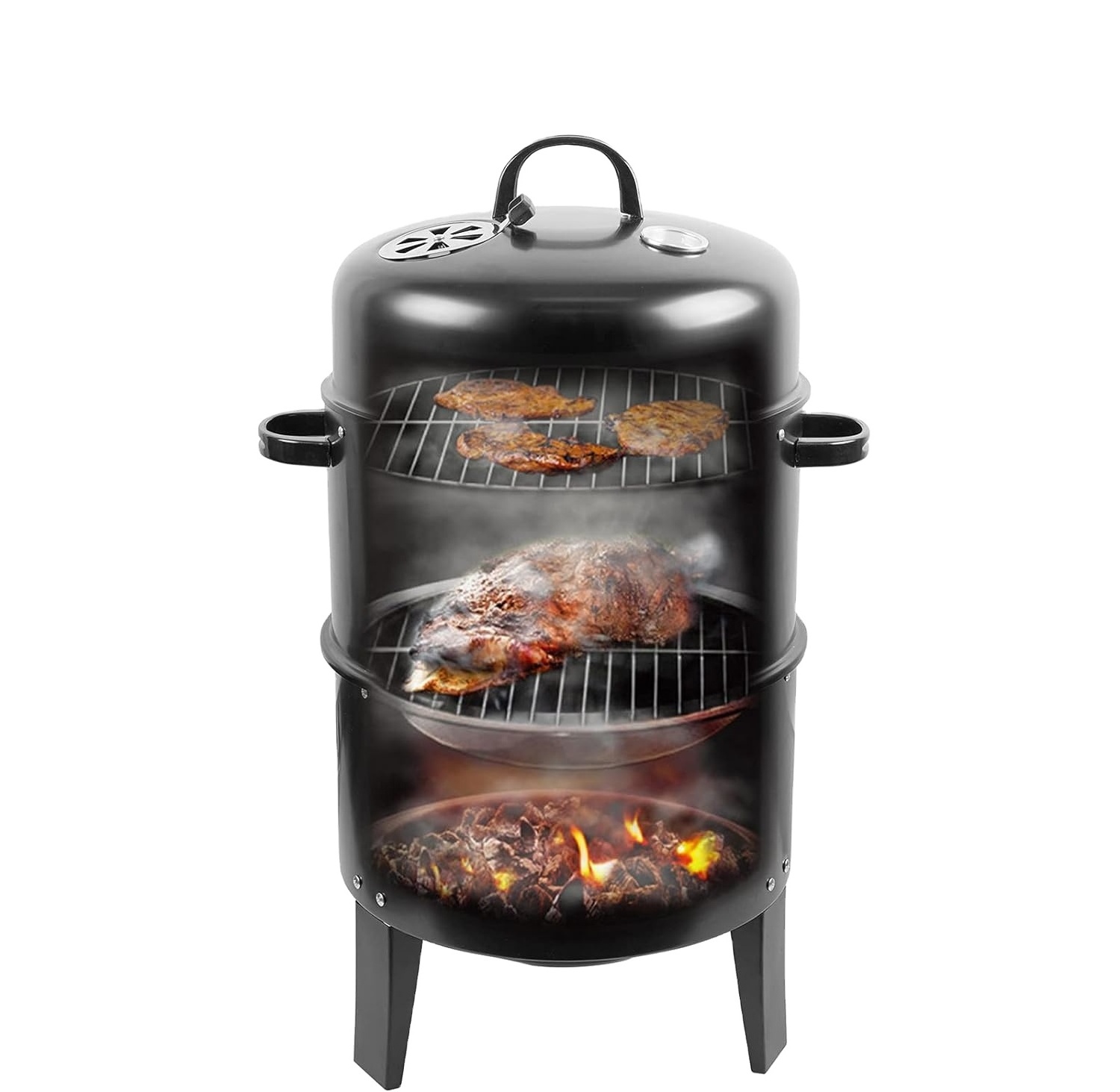 Smoke Portable Meat Cooker Black Outdoor Vertical Charcoal 3 in 1Oven Smoker Grill