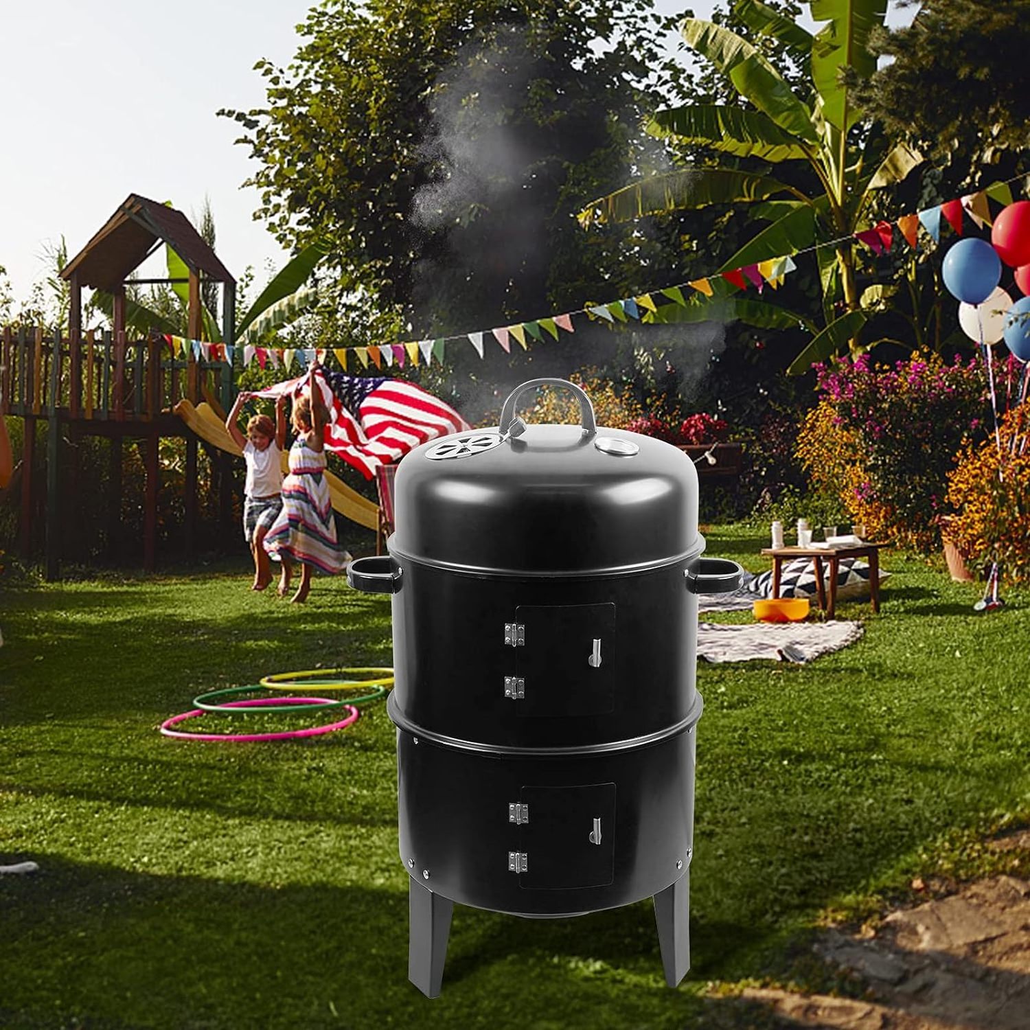 Smoke Portable Meat Cooker Black Outdoor Vertical Charcoal 3 in 1Oven Smoker Grill