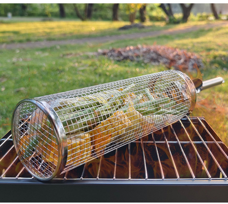 Rolling Grilling Basket Net Portable Outdoor Camping Barbecue Rack Bbq Grill Basket 2023 Stainless Steel White Industry Ningbo