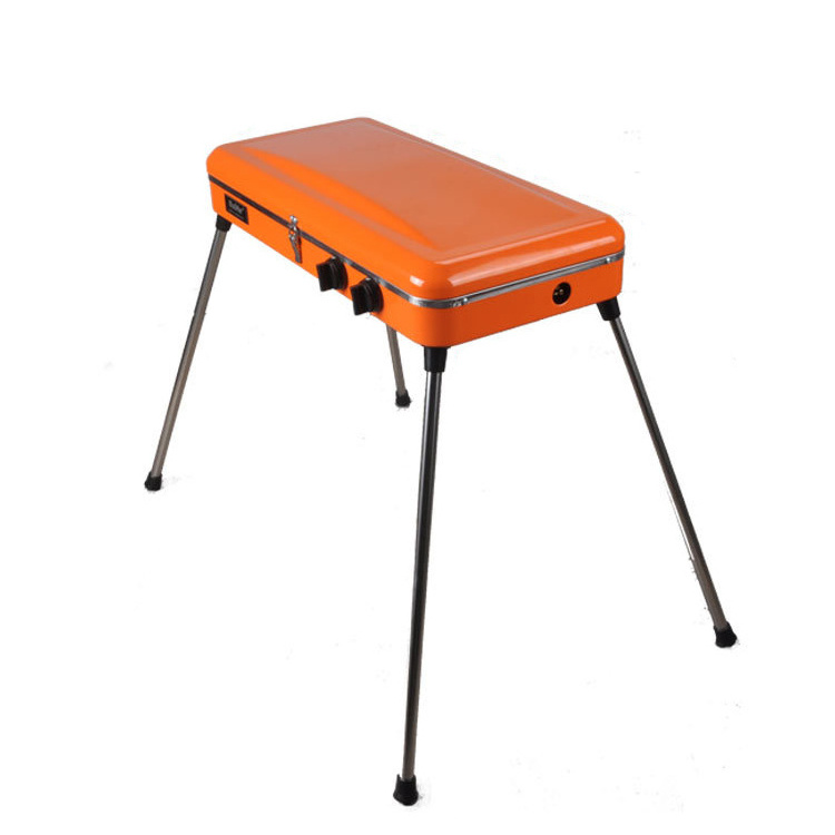 Gas 2 Burner Gas Barbecue Grill Cooking Equipment Camping Bbq for Sale Stainless Steel Portable Foldable Natural Outdoor Orange