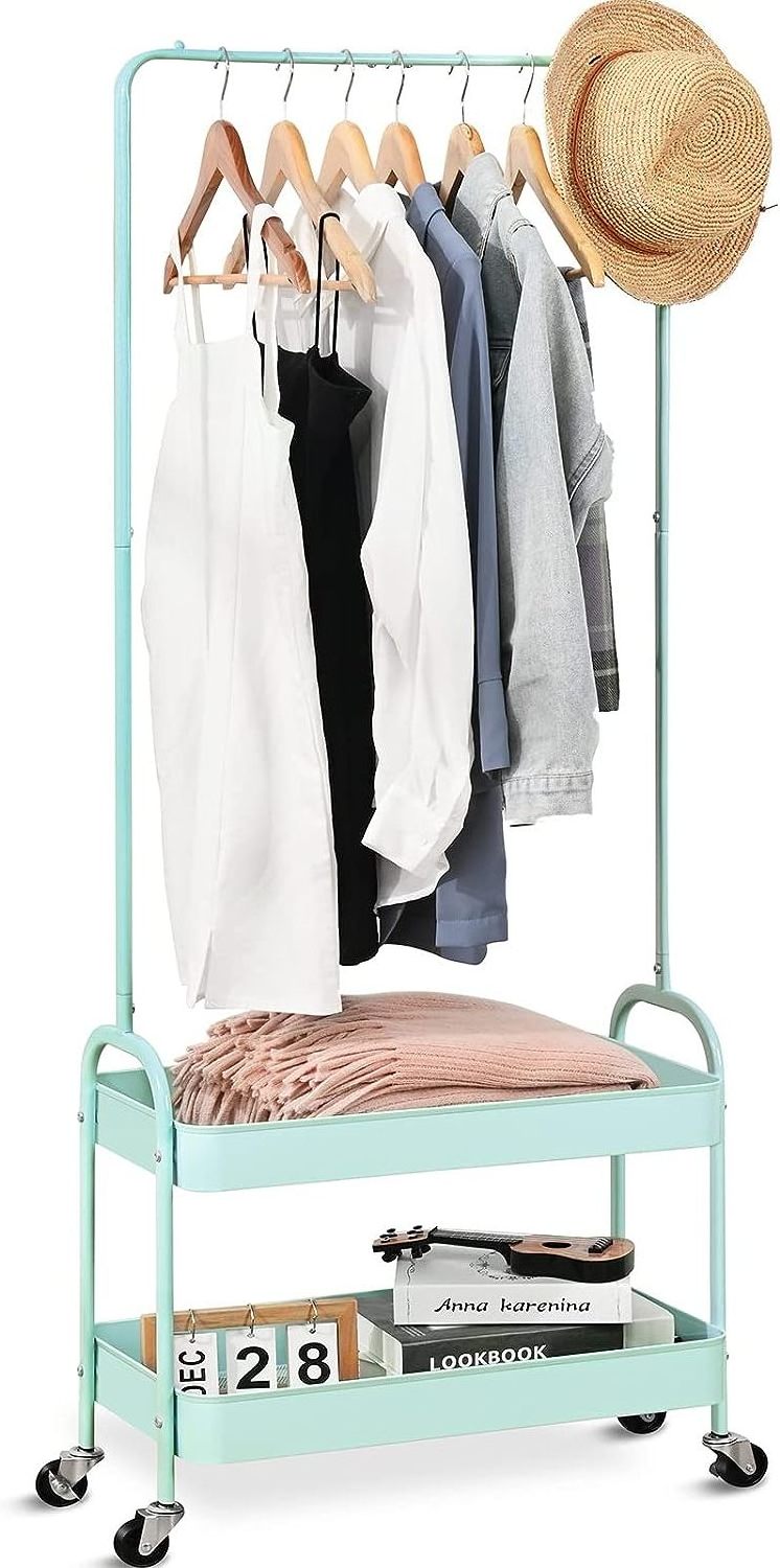 Mobile Hanging Clothes Drying Rack Hall Tree Entryway Standing Coat Rack With Movable Laundry Basket