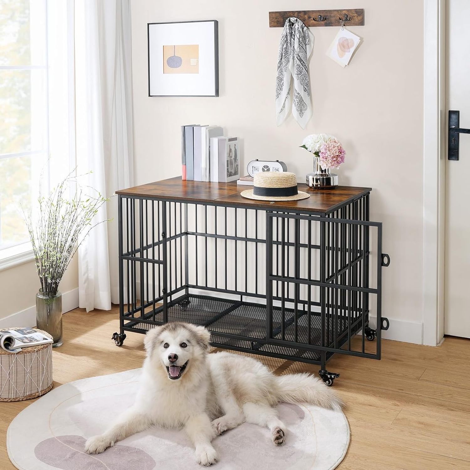 Pet Cage Furniture Dog Crate Soft Sliding Door Furniture Style Wooden Wire Home House Indoor Rustic Kennel Dog Kennel