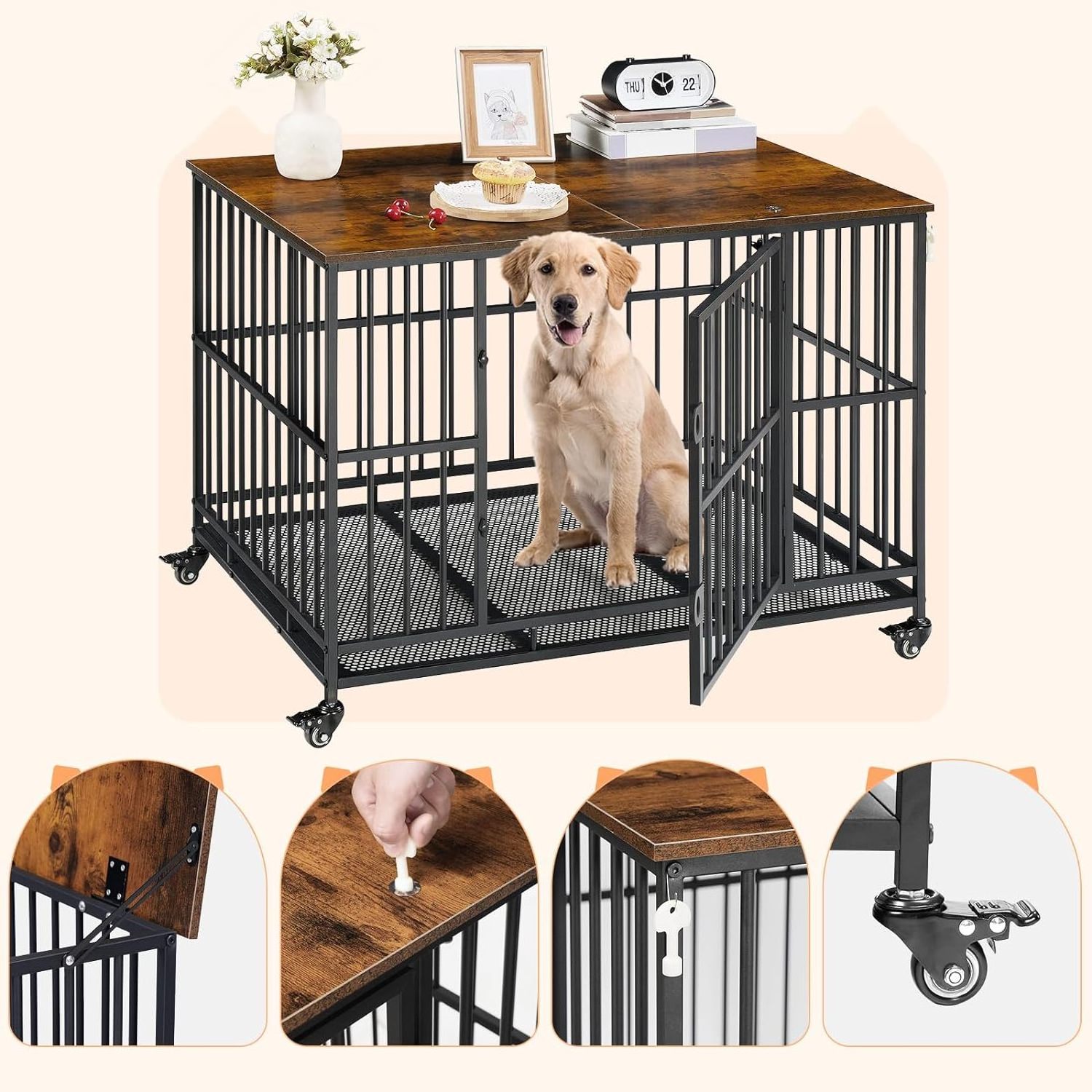 Pet Cage Furniture Dog Crate Soft Sliding Door Furniture Style Wooden Wire Home House Indoor Rustic Kennel Dog Kennel